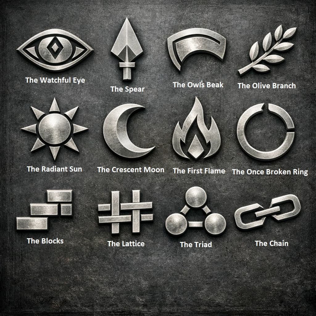 Twelve VaultMint metal symbols: the Watchful Eye, the Spear, the Owl's Beak, the Olive Branch, the Radiant Sun, the Crescent Moon, the First Flame, the Once Broken Ring, the Blocks, the Lattice, the Triad, and the Chain.