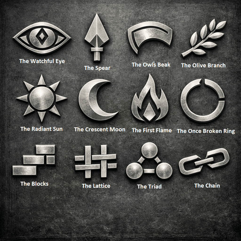Twelve VaultMint metal symbols: the Watchful Eye, the Spear, the Owl's Beak, the Olive Branch, the Radiant Sun, the Crescent Moon, the First Flame, the Once Broken Ring, the Blocks, the Lattice, the Triad, and the Chain.