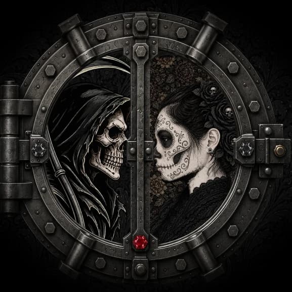 The Death y Memoria vault door: the Grim Reaper on the left, a Día de los Muertos figure on the right, split by the door's central bar with a ruby set at its base